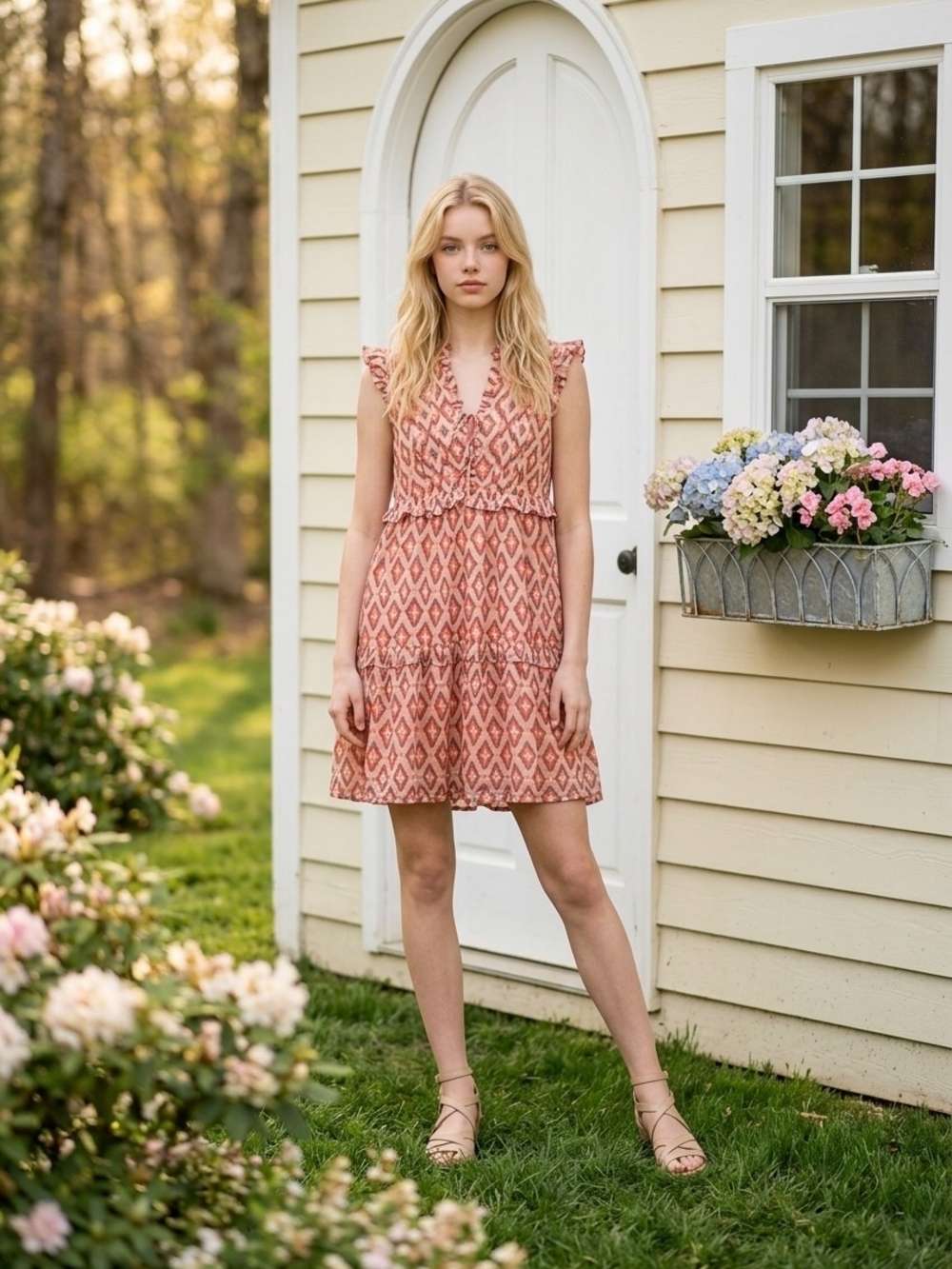 Banjanan Coral-Print V-Neck Tiered Mini Dress